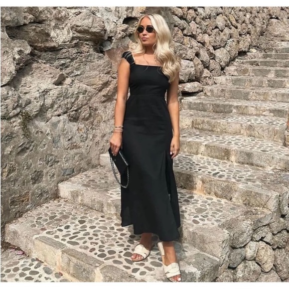 Zara Women's Black Linen Blend Midi Dress Square Neckline Flared Hem Size Medium - Picture 2 of 13